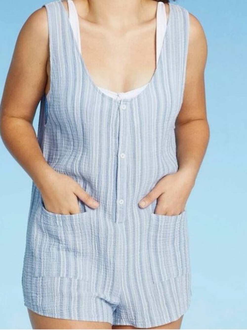 Xhilaration Gauzy Swim Cover Up Romper Blue White Stripe Size Large Beach Summer